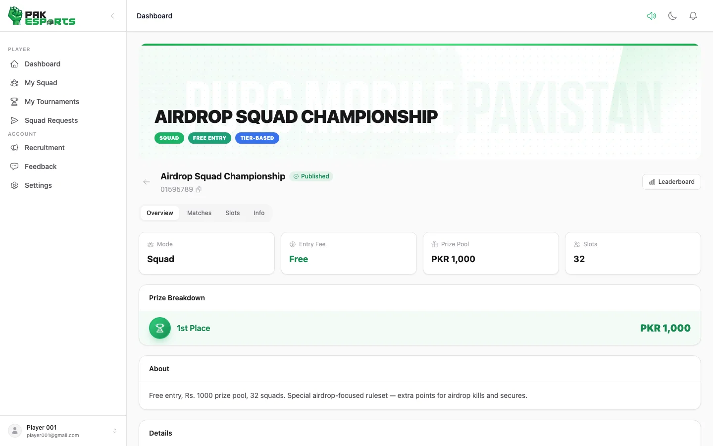 Tournament Details — Schedule, Room ID, aur Rules